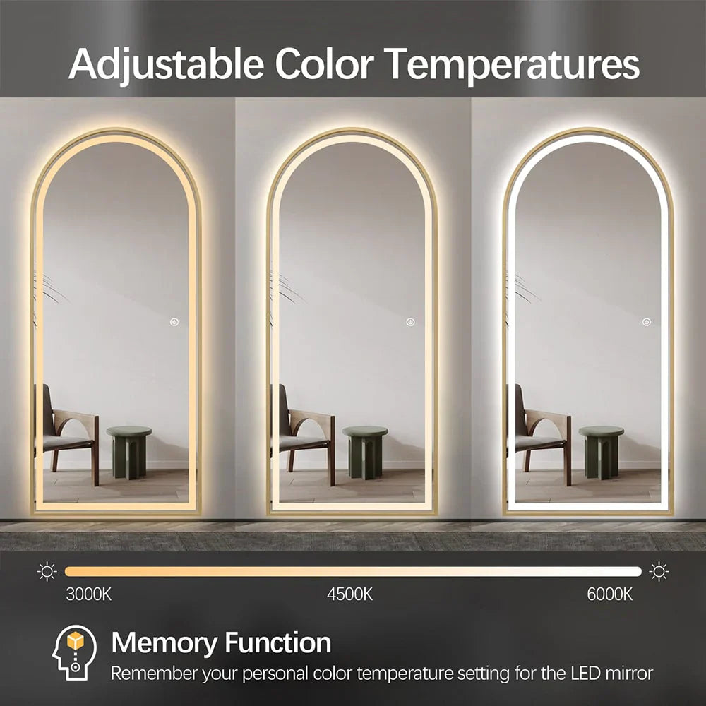 Livara Arched LED Aluminium Full-Length Mirror - Bedroom & Hallway, Gold Frame, Dimmable Lighting