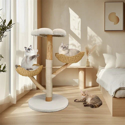 Livara Natural Wood Cat Tree Tower - Pet Comfort, Sisal Scratching Post, Plush Platforms