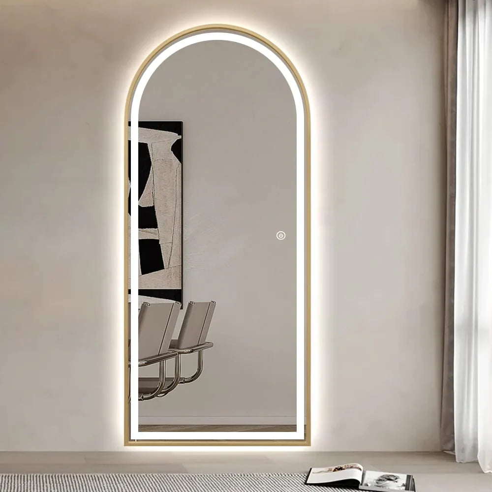 Livara Arched LED Aluminium Full-Length Mirror - Bedroom & Hallway, Gold Frame, Dimmable Lighting