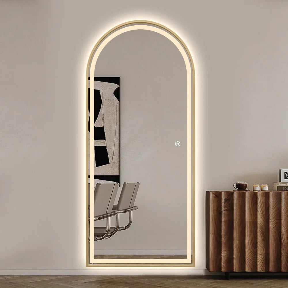 Livara Arched LED Aluminium Full-Length Mirror - Bedroom & Hallway, Gold Frame, Dimmable Lighting