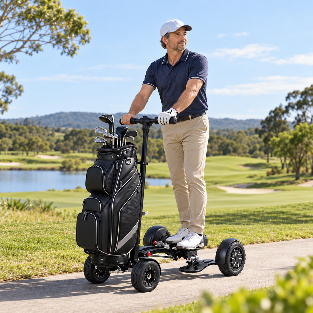 ESWING ES-1388 Pro golf scooter being ridden by a man on a golf course