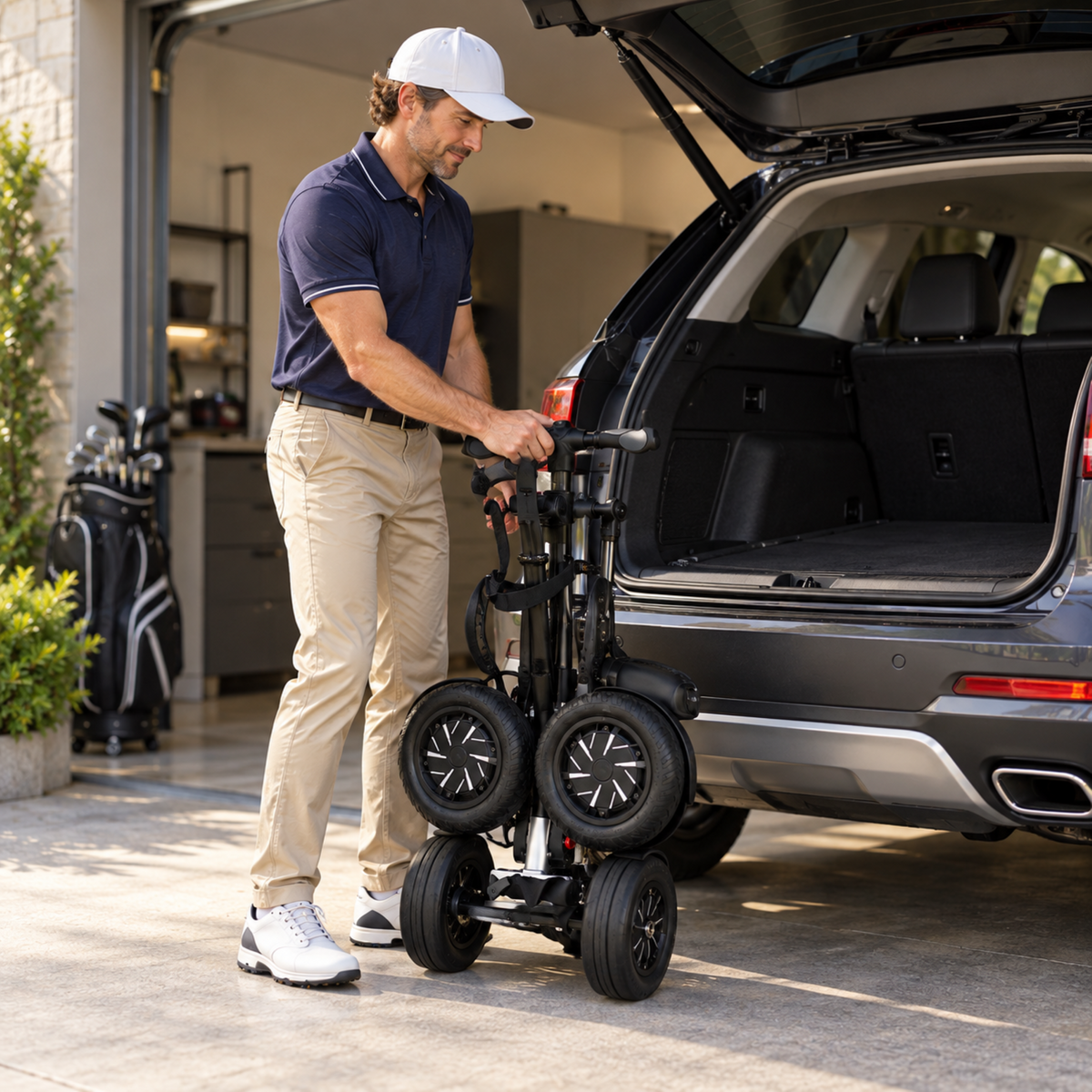 Folded ESWING ES-1388 Pro golf scooter beside an open car boot