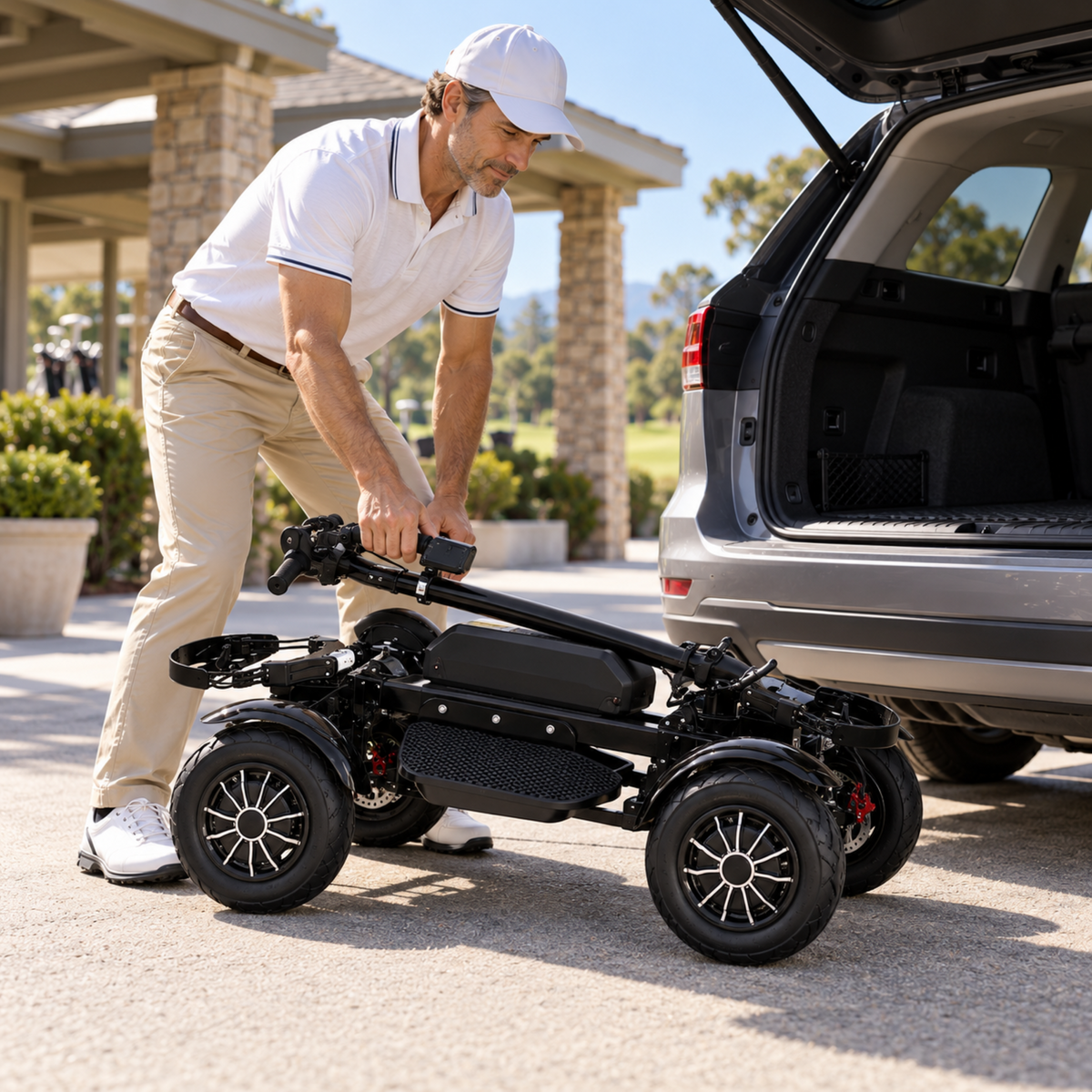 Folded black ESWING ES-M12-3 golf scooter being lifted beside a car