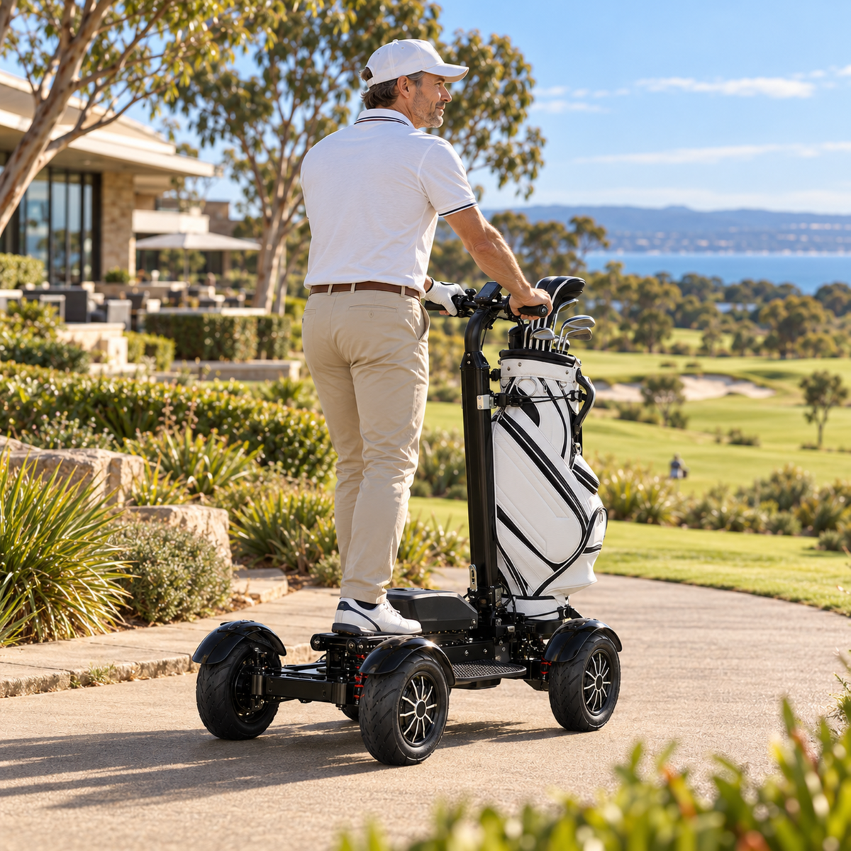 Black ESWING ES-M12-3 golf scooter viewed from behind on a golf course