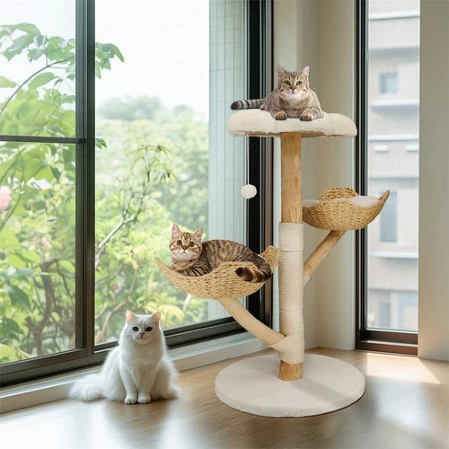 Livara Natural Wood Cat Tree Tower - Pet Comfort, Sisal Scratching Post, Plush Platforms