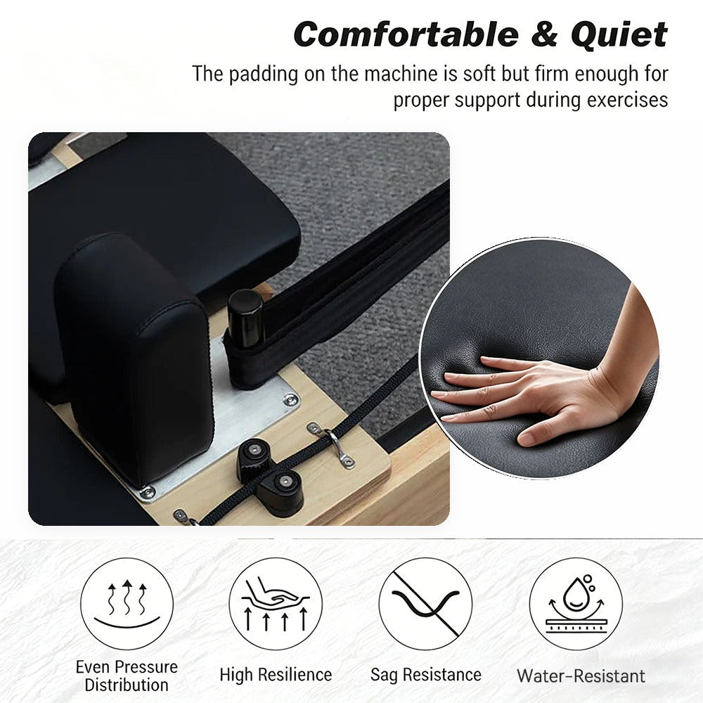Formora oak reformer black PU padding with upright padded shoulder blocks, soft but firm support