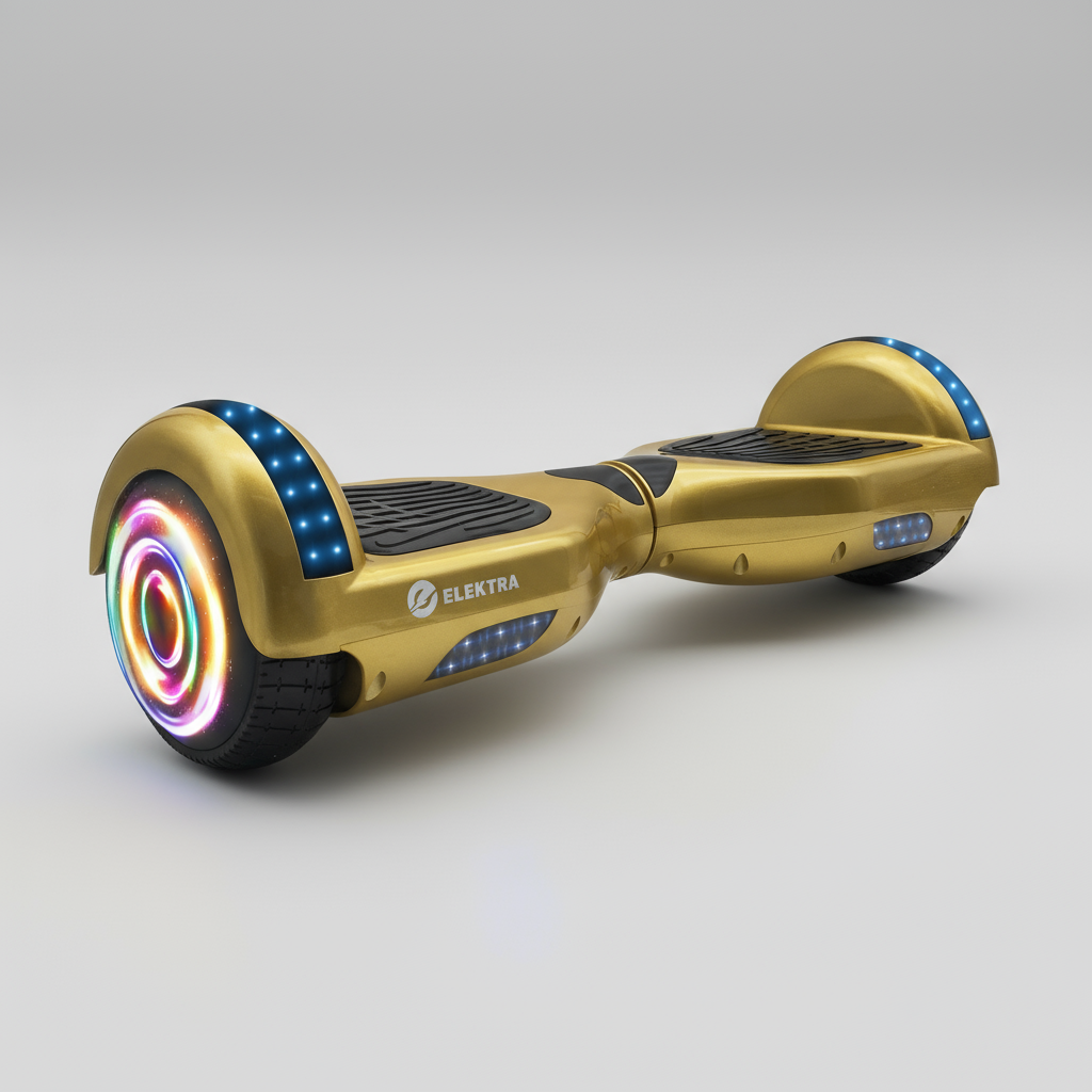 Gold hoverboard with colorful wheels on a white background