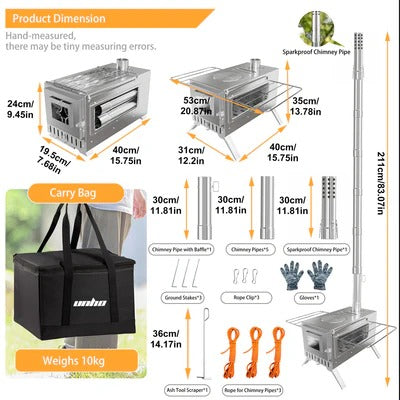 Livara Stainless Steel Wood Burning Outdoor Stove - Camping & Travel, Portable 7-Pipe Design