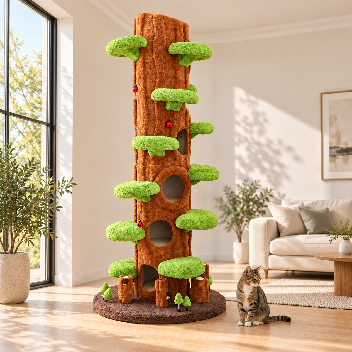 Tall brown tree hollow cat tower with green platforms in a sunlit living room
