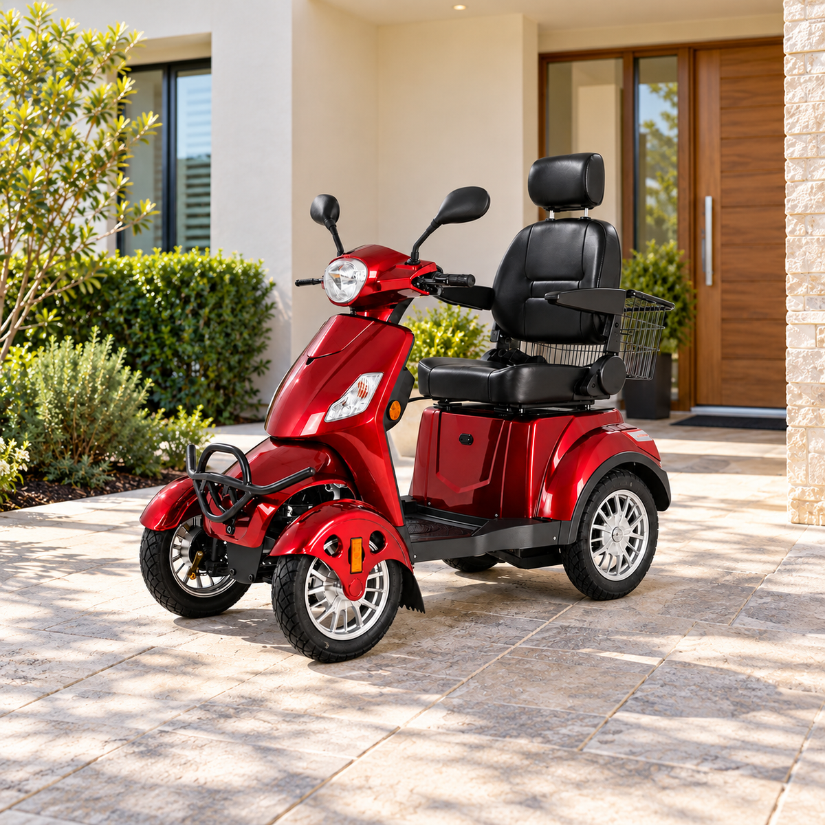 Red compact mobility scooter with black seat, headrest and complete wheels outside a home
