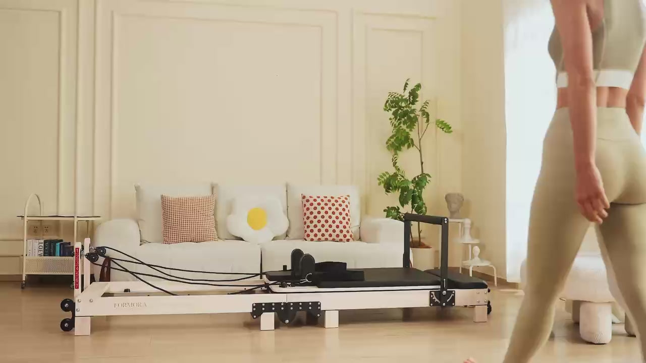 Load video: Livara Foldable Oak Wood Pilates Reformer - Home Studio Edition, 6-Spring with Jump Board