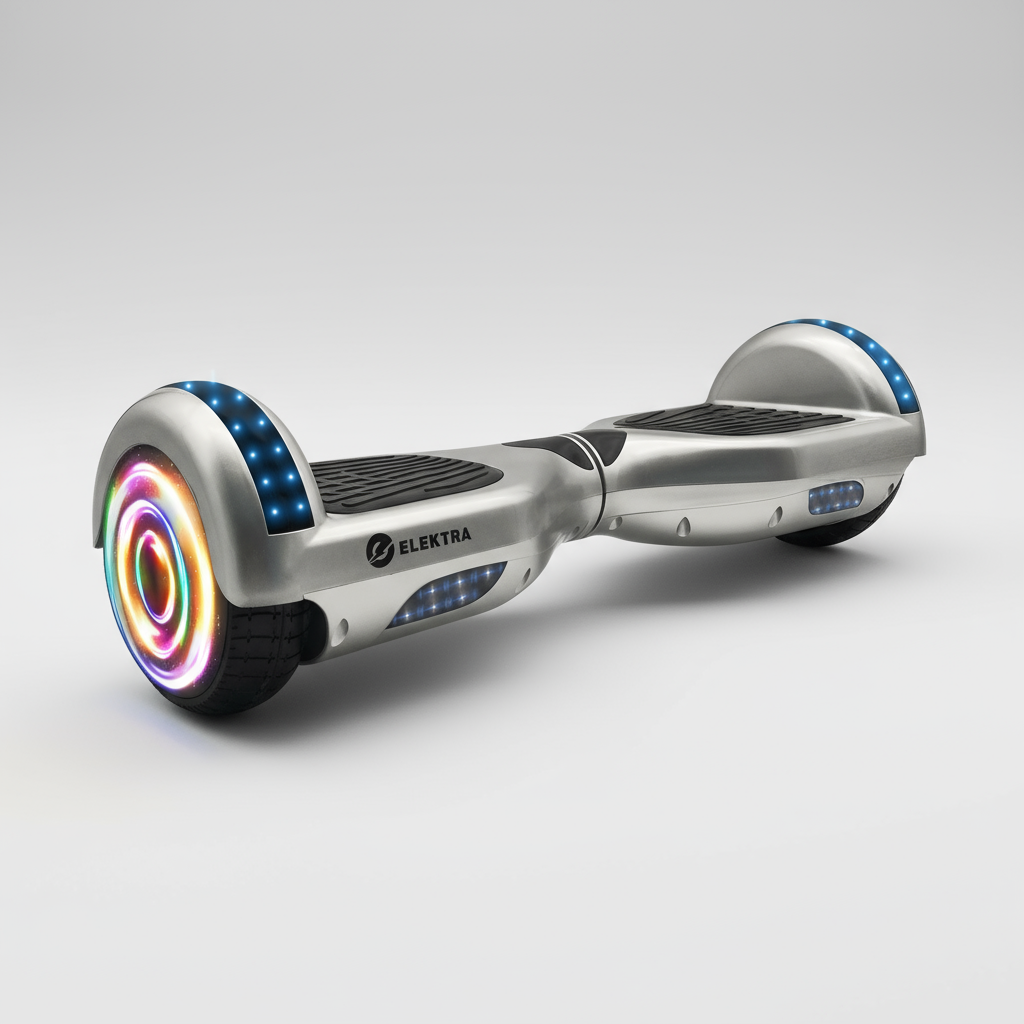 Silver hoverboard with colorful wheel lights on a white background