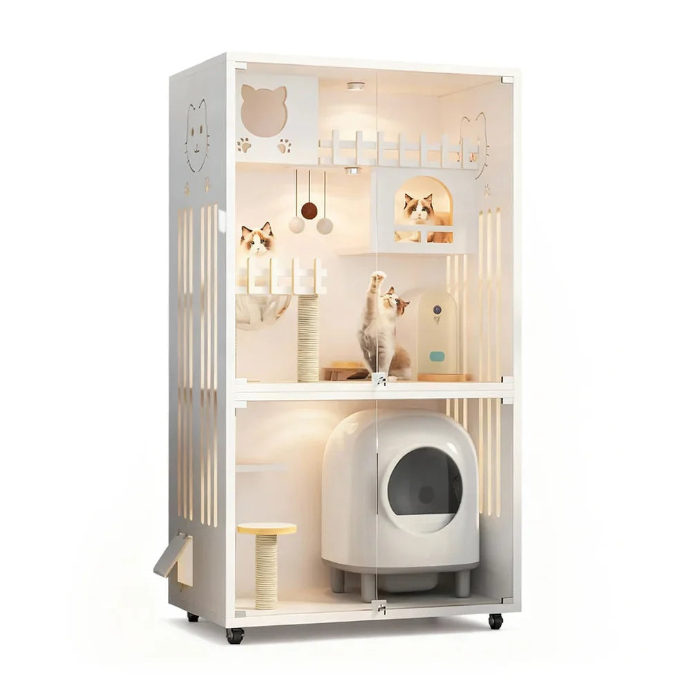 Livara Multi-Level Glass Door Cat Cabinet - Pet Comfort, LED Lights